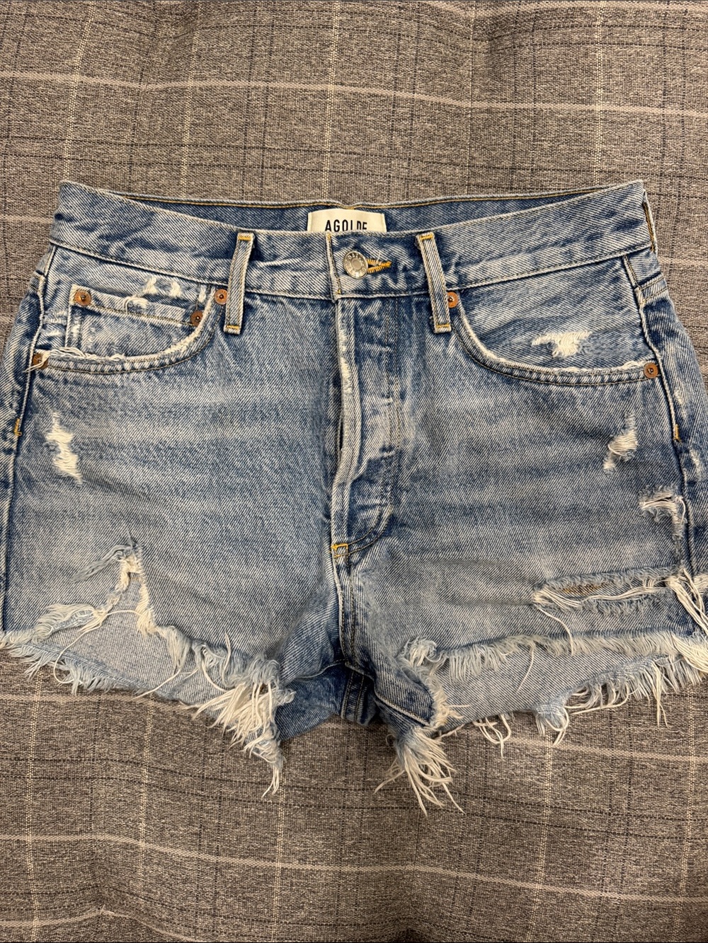 Agolde Light Wash Distressed High-Rise Denim Shorts